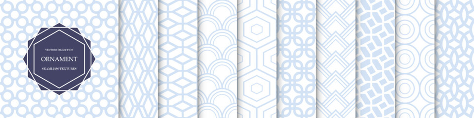 Collection of seamless vector ornamental patterns. Tile blue geometric oriental backgrounds, symmetric textures. Vintage elegant design. Endless delicate textile prints