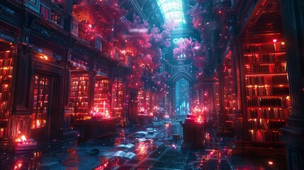 Mystical fantasy academy illuminated by vibrant magical lights - obrazy, fototapety, plakaty