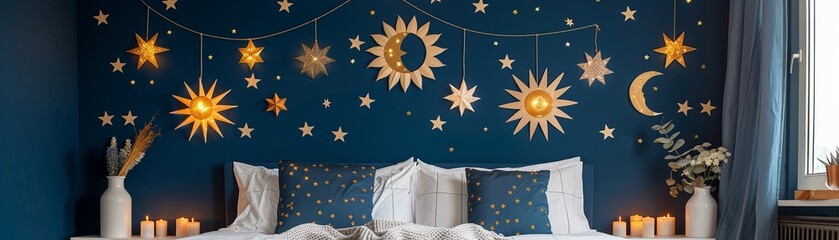 A dark blue room with stars and moon on the wall, and candles in vases on top of the bed