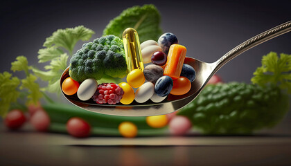 spoon full of supplements on the background of vegetables, fruits. Generative AI,