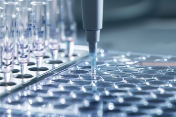 Scientist pipetting medical samples into microplate in laboratory