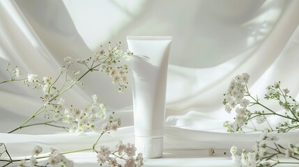 White tube with cosmetic cream on a white background with delicate flowers and sun rays
