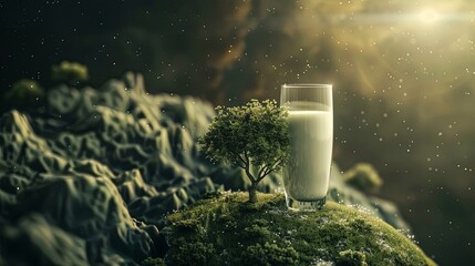 a glass of milk stands on top of a planet with green trees, world milk day