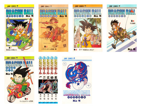 tokyo, japan - sep 10 1985: (set 1/7) First design covers of volumes 01 to 05 of Japanese manga Dragon Ball covering the Son Goku saga illustrated by the late mangaka Akira Toriyama. (left to right)