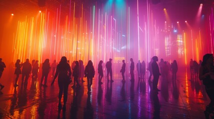 Surreal concert scene with vibrant neon rings and a solitary figure - obrazy, fototapety, plakaty