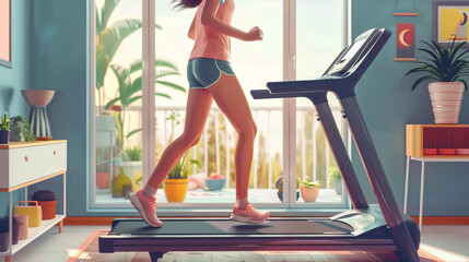 Sporty woman training on walking treadmill at home - obrazy, fototapety, plakaty