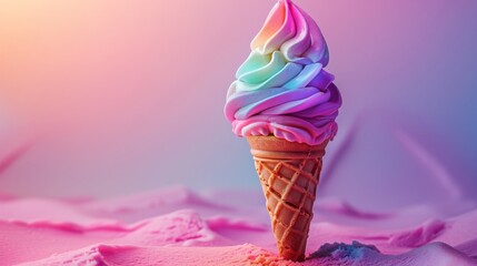 Colorful swirl ice cream cone against a vibrant abstract background