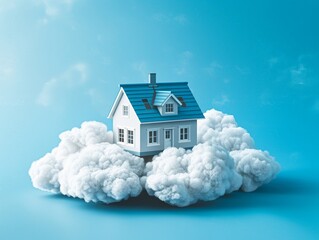 A house is floating on the clouds, with an ocean blue background Surreal illustration style  - obrazy, fototapety, plakaty