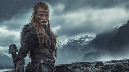 viking woman against the backdrop of rain and mountains