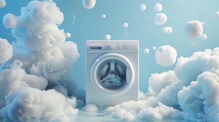 washing machine in large white foam, blue background. Detergents - obrazy, fototapety, plakaty