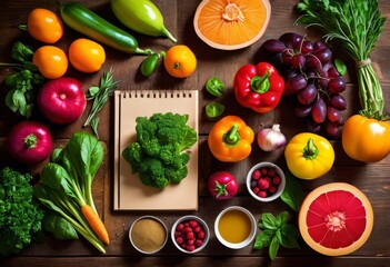 illustration, fresh ingredients healthy meal planning wooden table notepad top view, food, vegetables, fruits, protein, carbohydrates, grocery, list, cuisine