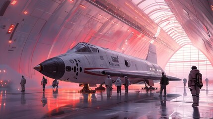 Retro-futuristic spaceship in a hangar with astronauts and glowing lights - obrazy, fototapety, plakaty