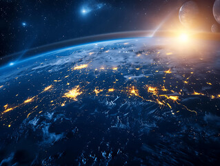 A view of the Earth from space with a bright orange sun in the background. The stars are twinkling and the planet is illuminated by the sun