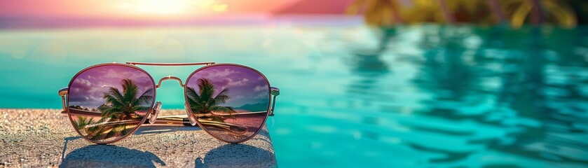 A photo of sunglasses laying on the edge of an outdoor pool, with palm trees and tropical scenery 