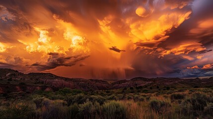 Naklejka premium Dramatic clouds illuminated by the setting sun as a thunderstorm approaches, casting an eerie orange glow over the landscape.