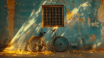 Fotobehang Golden hour lighting on a vintage bicycle against a rustic turquoise wall © Yusif