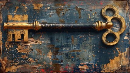 Vintage golden key on a distressed blue wooden background