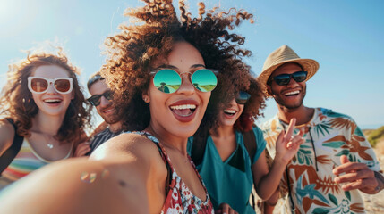 Friends Taking a Selfie on a Sunny Beach, Group Travel and Joyful Moments