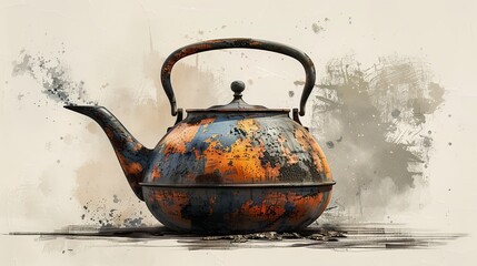 Artistic teapot and cup illustration with dynamic splashes and cozy steam