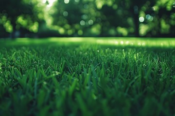 Naklejka premium Green field grass lawn beautiful garden summer sunlight nature beauty yard cottage outdoors trees spring field relaxation flowers blooming fresh leaves