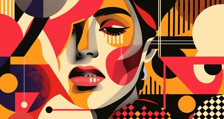 Art Deco influenced poster with bold, dynamic patterns and a vivid, colorful palette