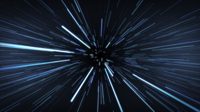 Speed Blue, cyan and white light, neon glowing rays lines. Colored, hyper jump. Abstract creative neon color speed background. Space blurry 4K.