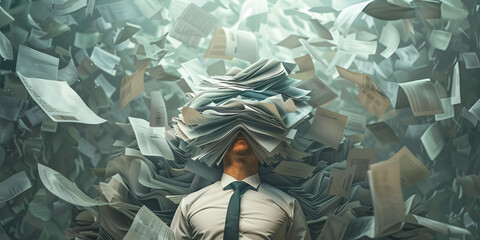 Overwhelm: The Pile of Papers and Burdened Shoulders - Imagine a pile of papers on burdened shoulders, illustrating feelings of overwhelm - obrazy, fototapety, plakaty