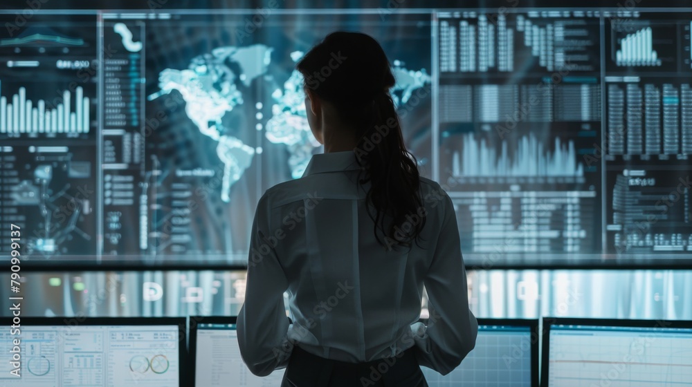 Leinwandbilder female engineer analyzing data charts and graphs while overseeing production operations.