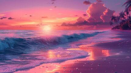 Stunning sunset at a tropical beach with vibrant pink and purple hues - obrazy, fototapety, plakaty