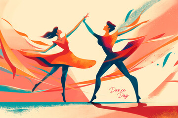 International Dance Day. Design template for banner, flyer, invitation, brochure, poster or greeting card. Vector Illustration dancing couple on color background.