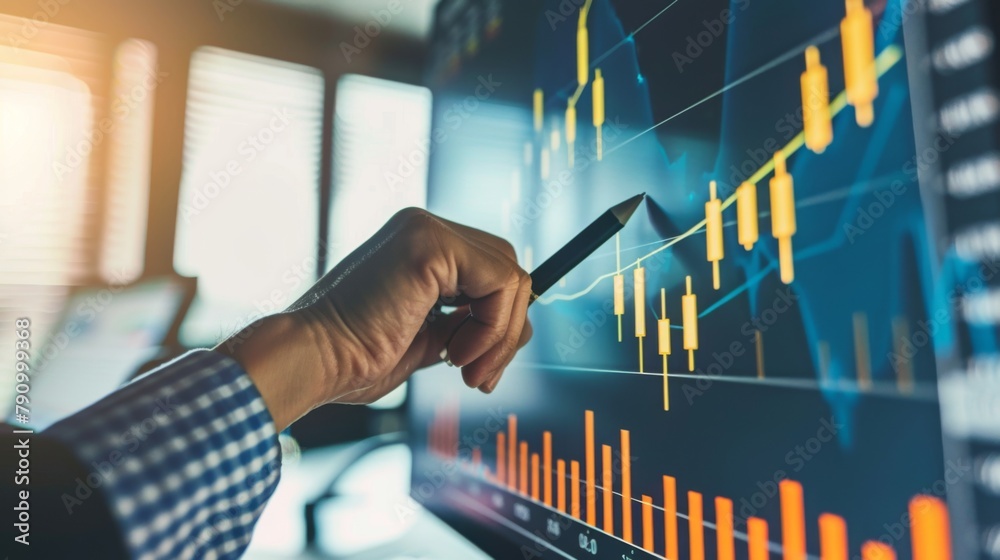 Poster financial analyst pointing to an upward trend on a gold price graph during a presentation.