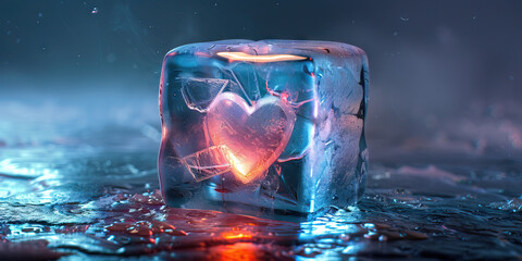 Numbness: The Ice Block and Frozen Heart - Visualize an ice block with a frozen heart inside, illustrating emotional numbness and detachment - obrazy, fototapety, plakaty