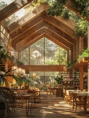 Fototapeta premium A restaurant with wooden floors and a lot of plants
