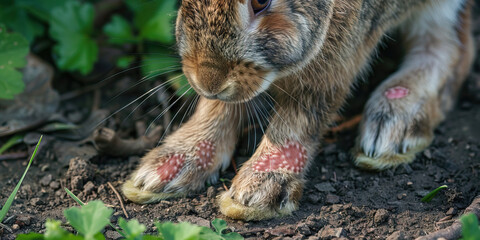 Rabbit Sore Hocks: The Redness and Lesions on Foot Pads - Visualize a rabbit with highlighted foot pads showing ulceration, experiencing redness and lesions, illustrating the symptoms of sore hocks - obrazy, fototapety, plakaty
