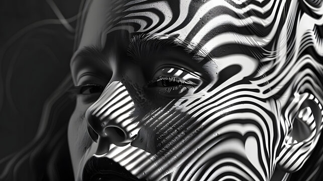 A black and white photo of a woman's face with wavy lines, AI