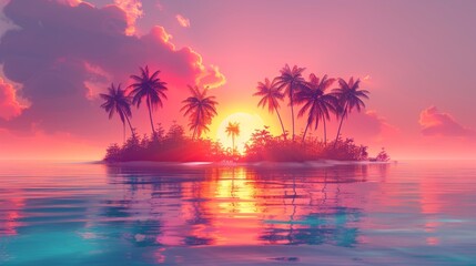 Fototapeta na wymiar Serene tropical island at sunset with vibrant pink and purple skies