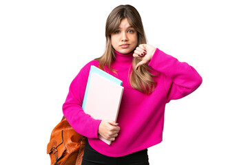 Young student girl over isolated chroma key background showing thumb down with negative expression