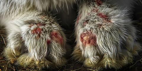 Rabbit Sore Hocks: The Redness and Lesions on Foot Pads - Visualize a rabbit with highlighted foot pads showing ulceration, experiencing redness and lesions, illustrating the symptoms of sore hocks - obrazy, fototapety, plakaty
