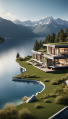 Contemporary House with Mountain and Lake View