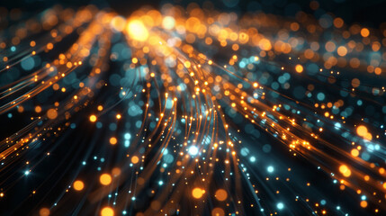 Close-up on a digital core of glowing fibers and circuits, portraying the heart of a powerful computational network and the complexity of its connections.