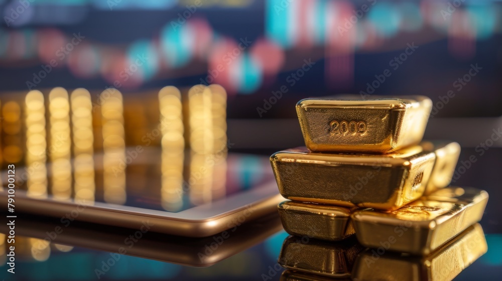 Poster Gold bullion bars stacked neatly on a desk with a tablet displaying real-time market data in the background.