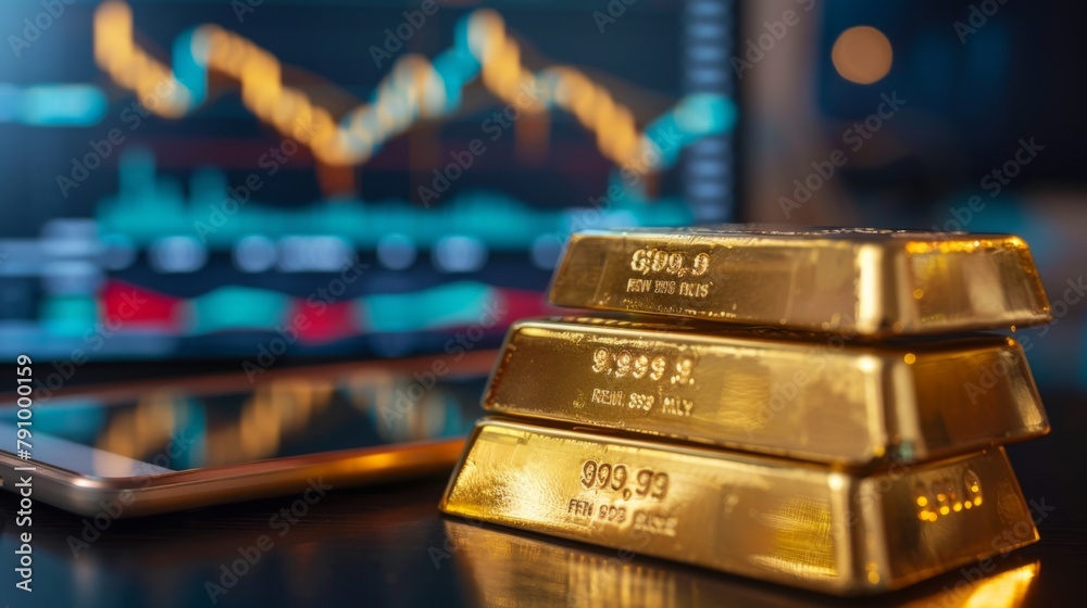 Poster Gold bullion bars stacked neatly on a desk with a tablet displaying real-time market data in the background.