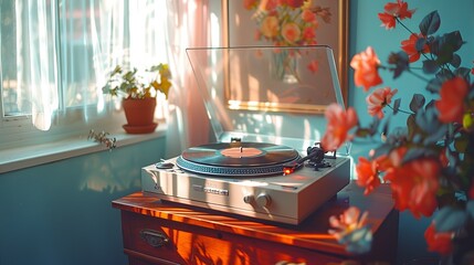 Vintage record player in a cozy sunlit room with orange flowers and floating dust particles