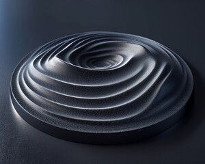 black background with a circular surface made of particles, the middle is covered in an irregular contour that resembles sand dunes on a beach, the overall shape has a wavelike feel