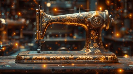 Vintage sewing machine on worn table illuminated by sparkling light - obrazy, fototapety, plakaty