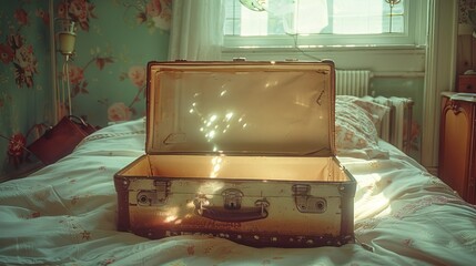 Vintage suitcase open on a floral bedspread in sunlit room, travel nostalgia - obrazy, fototapety, plakaty