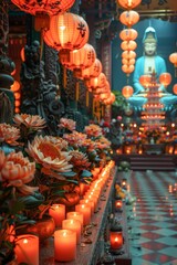 Room filled with lit candles next to buddha statue