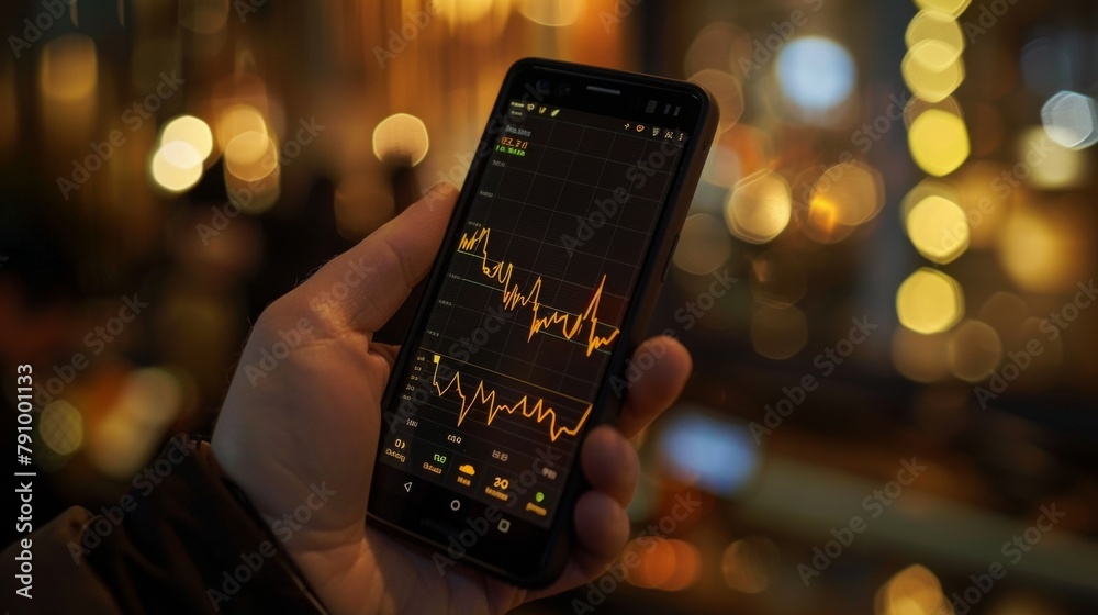 Leinwandbilder hand holding a smartphone displaying a line graph illustrating changes in gold prices over time.