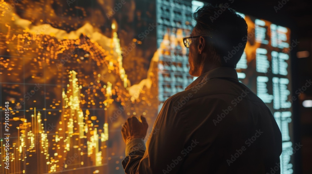 Aufkleber investor analyzing a 3d rendered visualization of gold price movements projected on a screen.