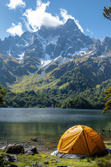 Tourists hike through majestic mountains, camp by tranquil lakes, and explore stunning landscapes.
